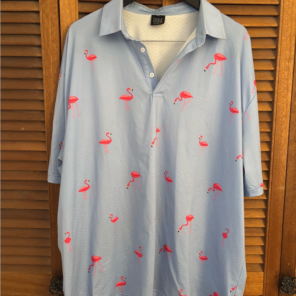Men's Light Blue Polo Shirt with Pink Flamingo Print. Golf shirt.XXL.